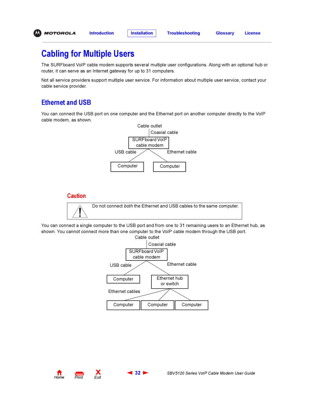 Motorola SBV5120 manual Cabling for Multiple Users, Ethernet and USB 