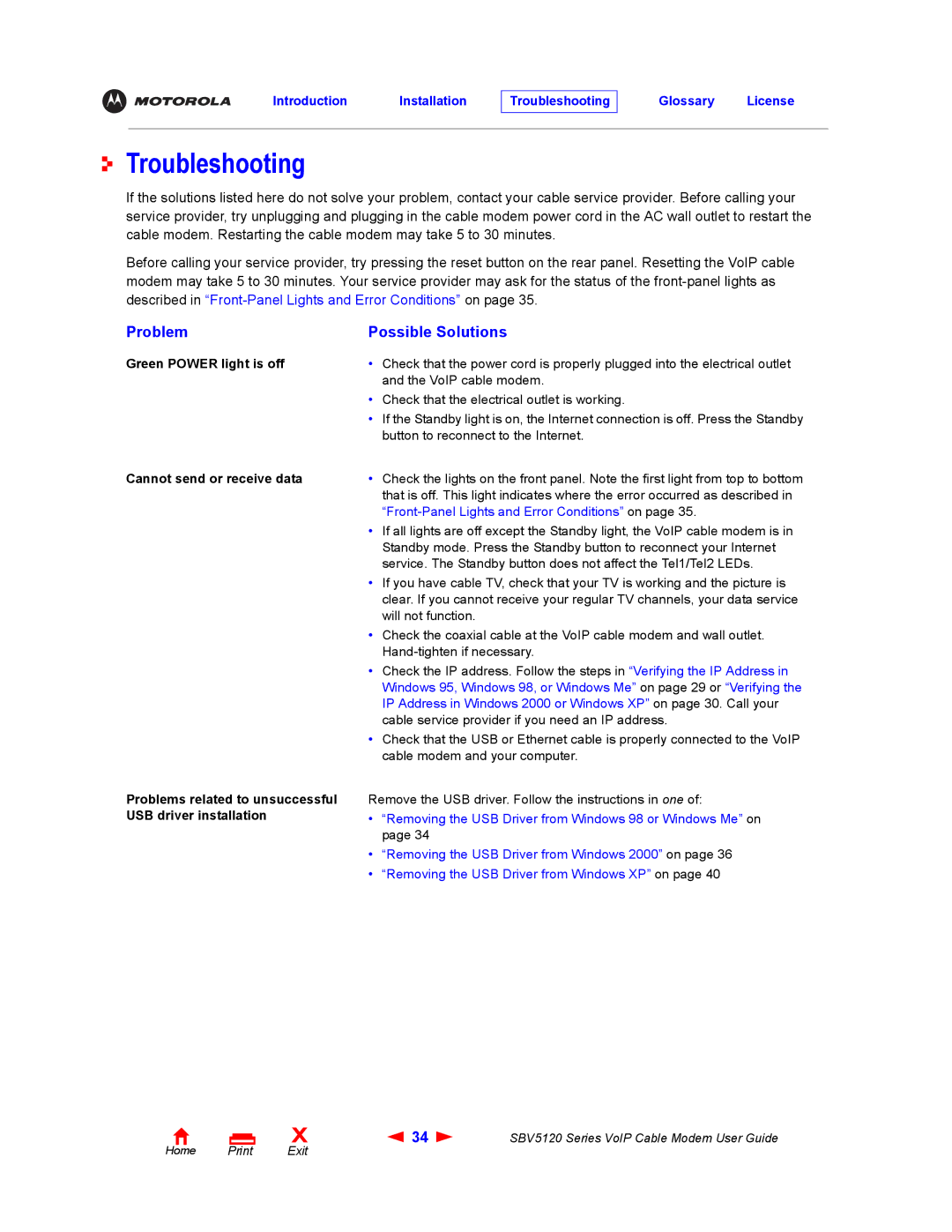 Motorola SBV5120 manual Troubleshooting, Problem Possible Solutions 