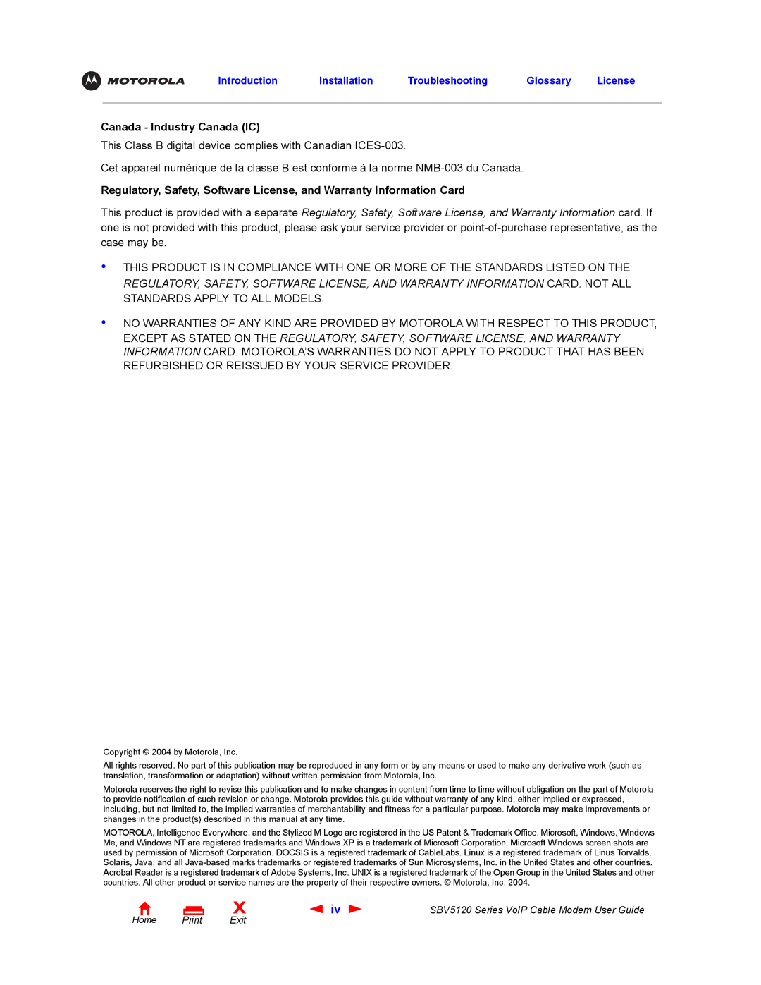 Motorola SBV5120 manual Canada Industry Canada IC 