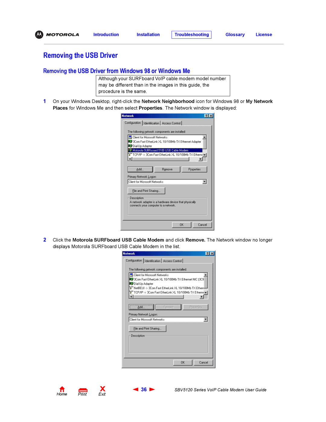 Motorola SBV5120 manual Removing the USB Driver from Windows 98 or Windows Me 