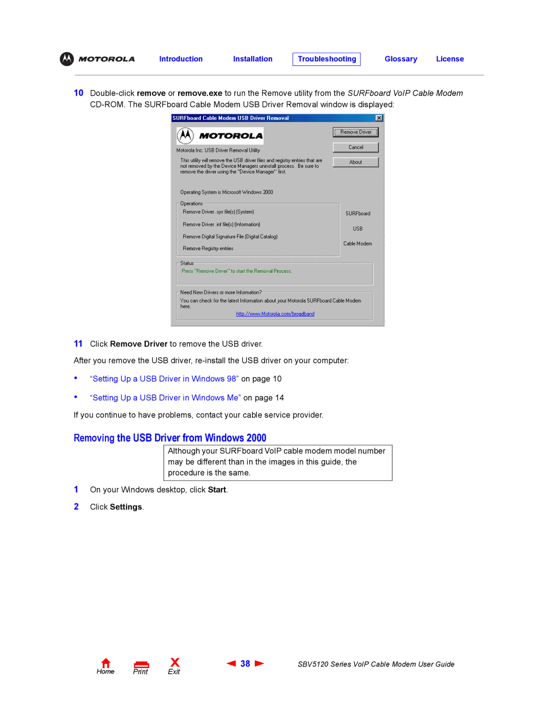 Motorola SBV5120 manual Removing the USB Driver from Windows, Click Settings 