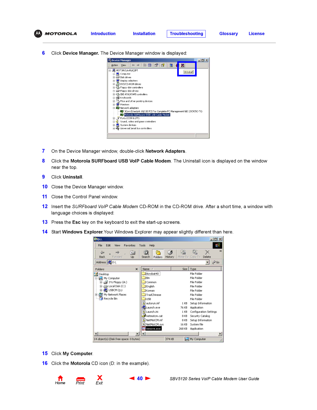 Motorola SBV5120 manual Click Uninstall, Click My Computer 