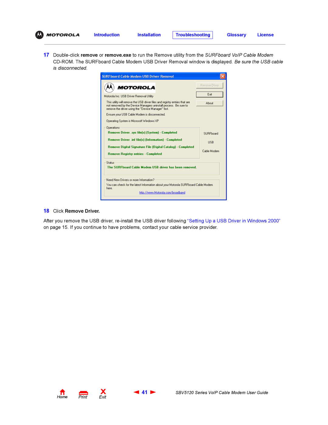 Motorola SBV5120 manual Click Remove Driver 