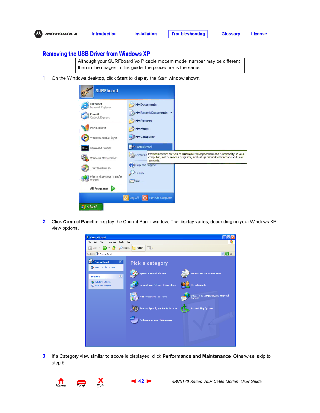 Motorola SBV5120 manual Removing the USB Driver from Windows XP 