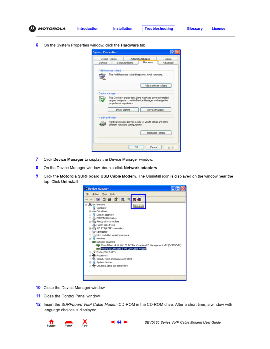 Motorola SBV5120 manual Introduction Installation Troubleshooting Glossary License 