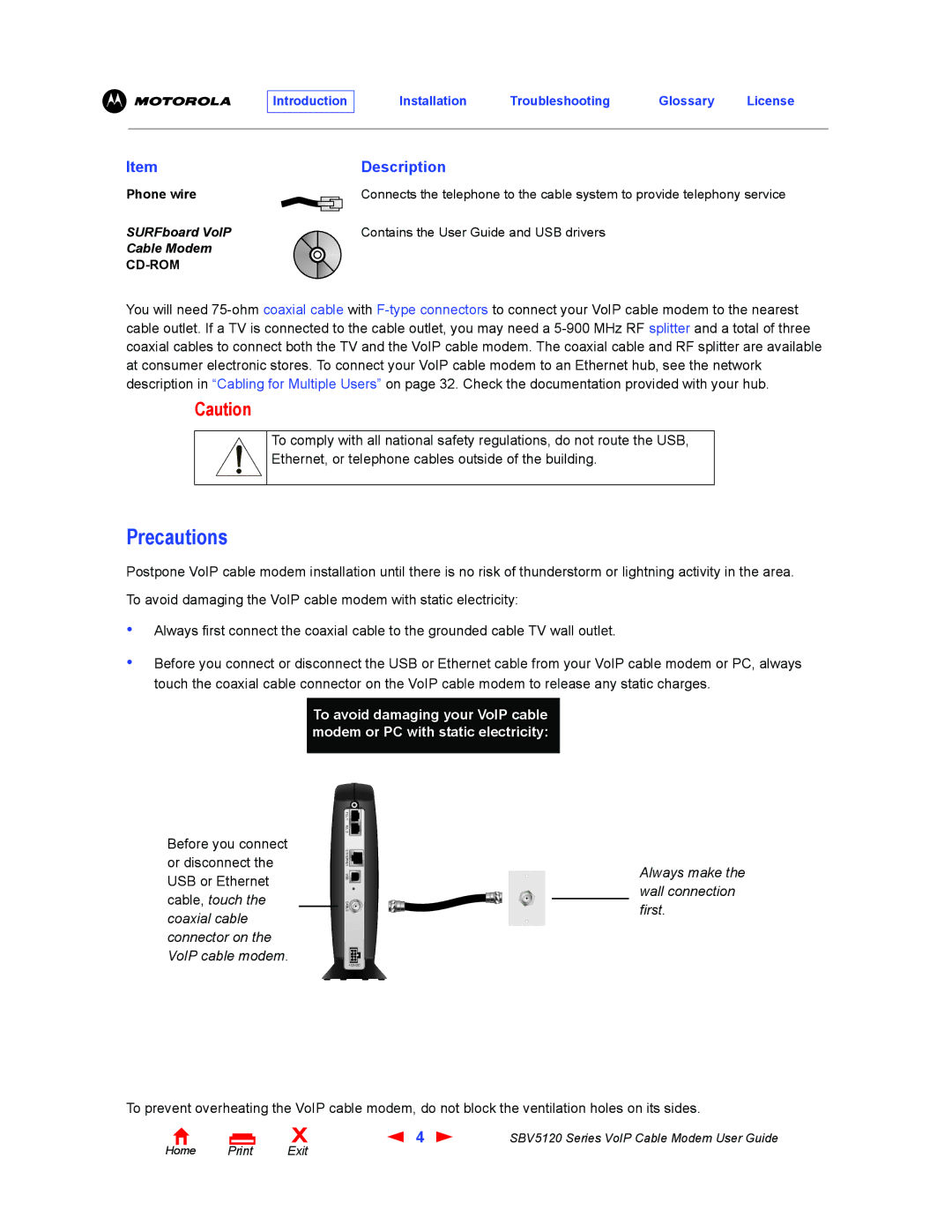 Motorola SBV5120 manual Precautions, Always make the wall connection first 