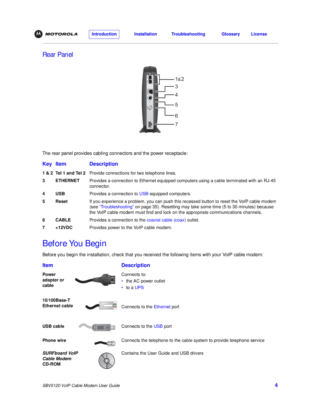 Motorola SBV5120 manual Before You Begin, Rear Panel, Reset, +12VDC 