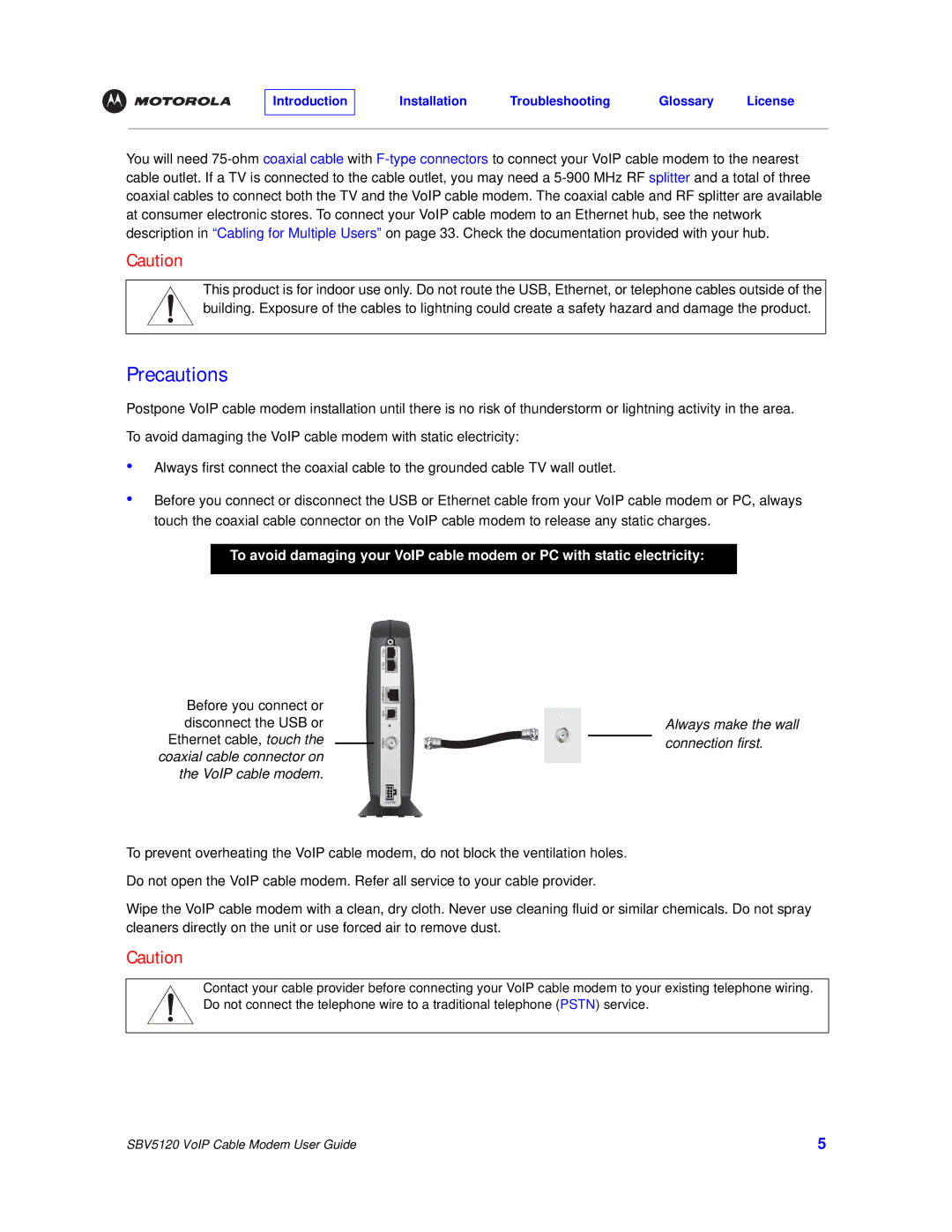 Motorola SBV5120 manual Precautions, Always make the wall connection first 