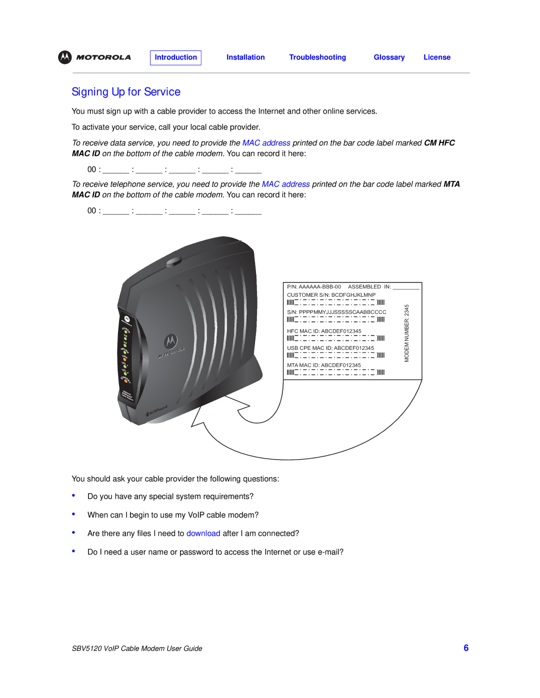 Motorola SBV5120 manual Signing Up for Service 