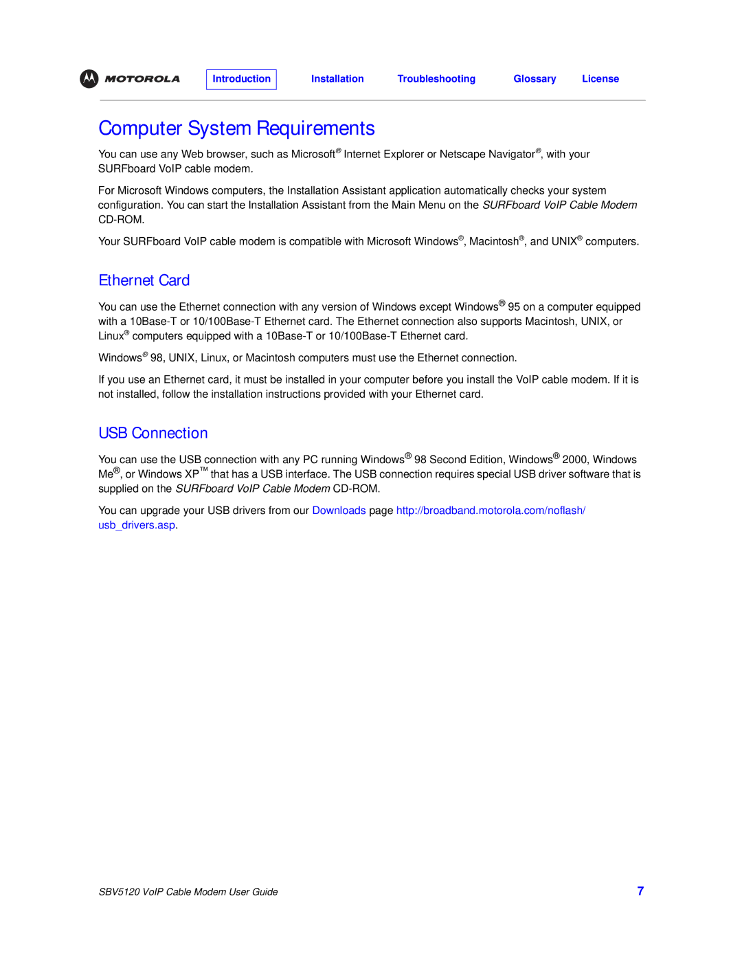 Motorola SBV5120 manual Computer System Requirements, Ethernet Card, USB Connection 