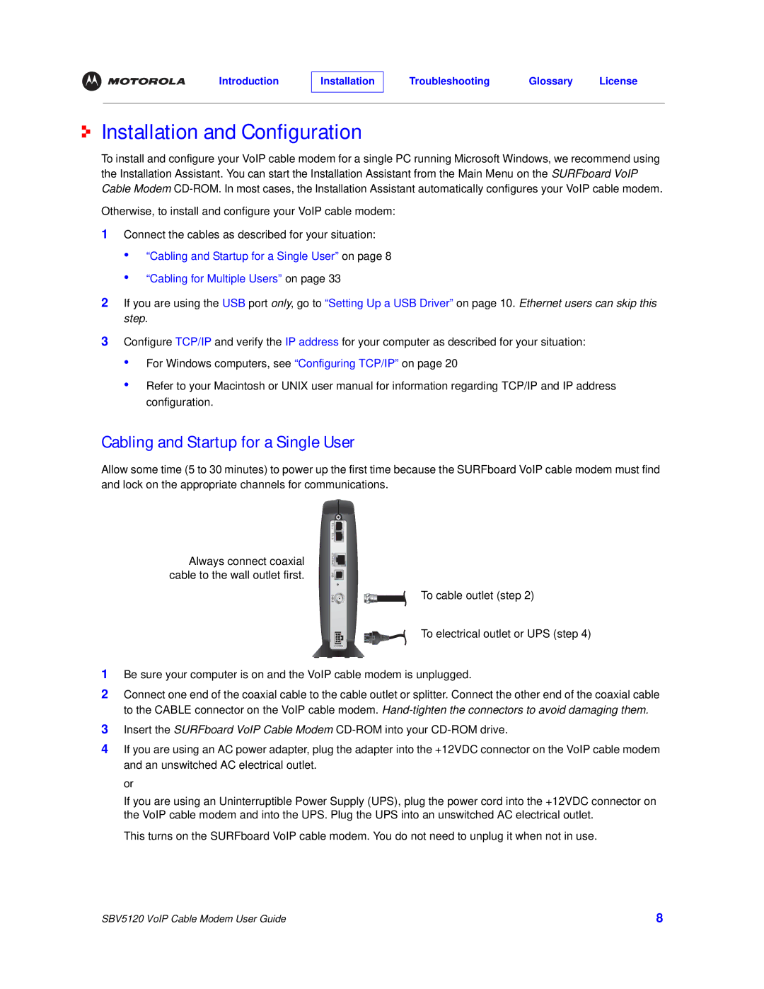 Motorola SBV5120 manual Installation and Configuration, Cabling and Startup for a Single User 