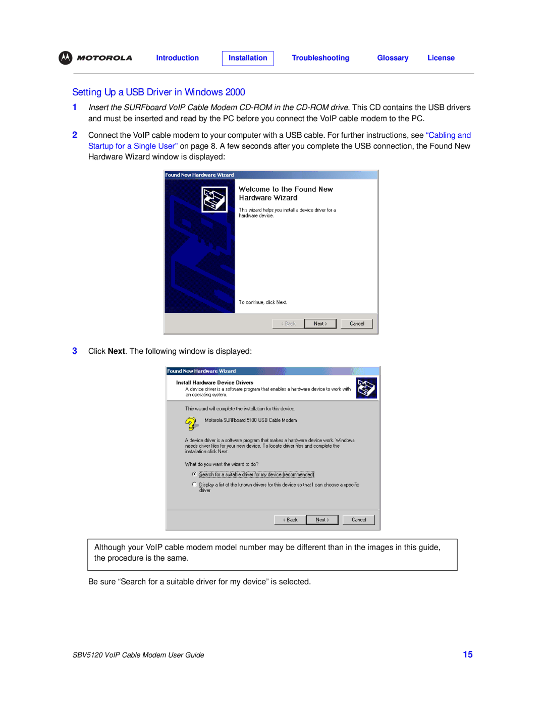 Motorola SBV5120 manual Setting Up a USB Driver in Windows 