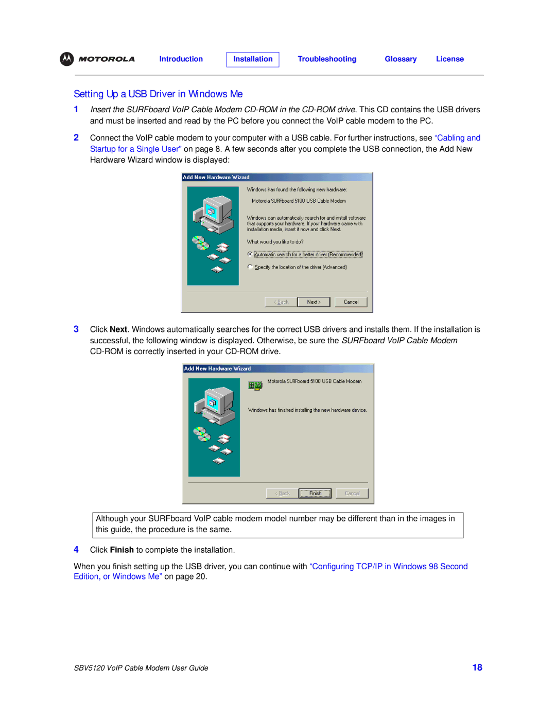 Motorola SBV5120 manual Setting Up a USB Driver in Windows Me 