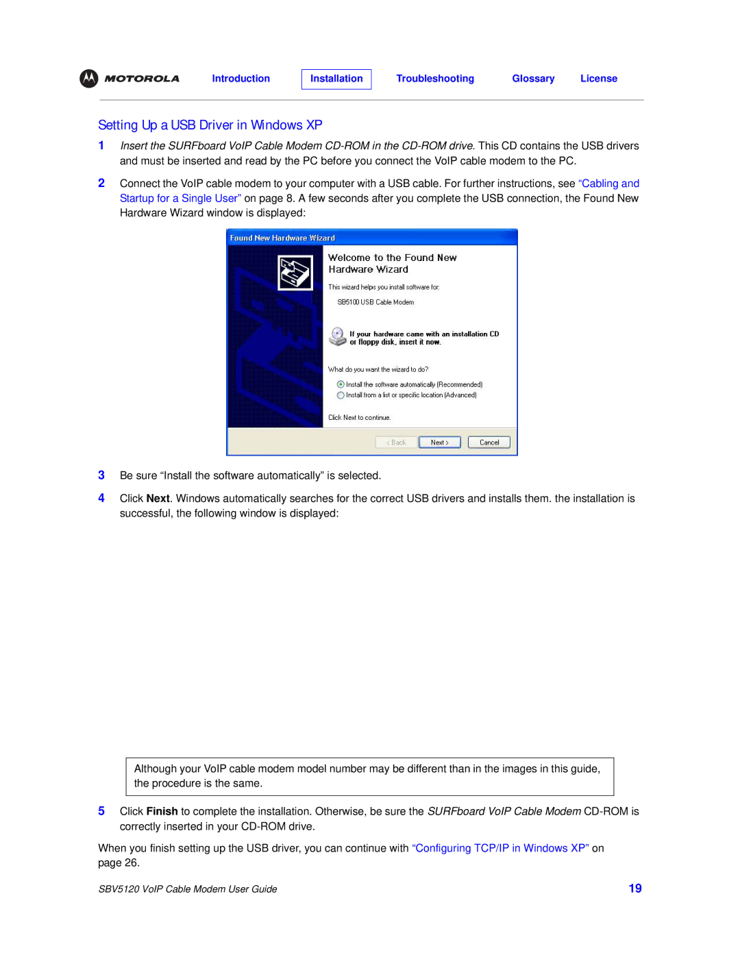 Motorola SBV5120 manual Setting Up a USB Driver in Windows XP 