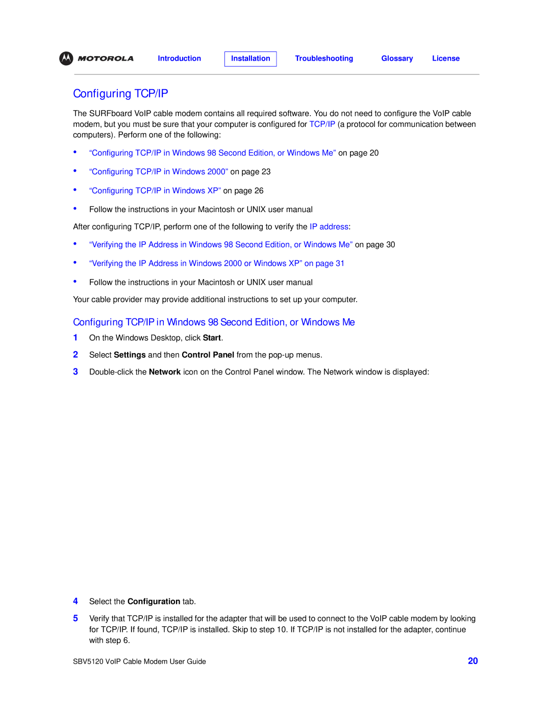 Motorola SBV5120 manual Configuring TCP/IP 