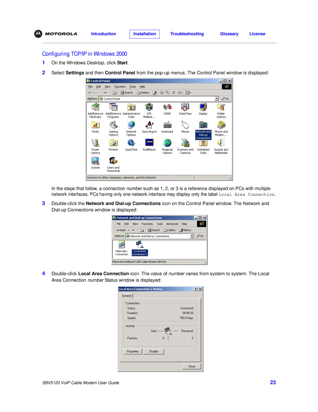 Motorola SBV5120 manual Configuring TCP/IP in Windows 