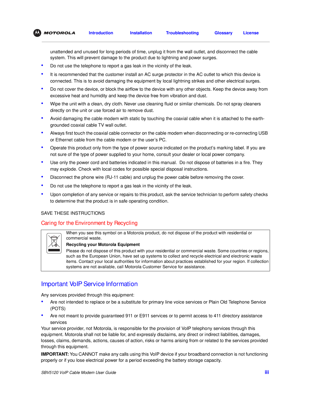 Motorola SBV5120 manual Important VoIP Service Information, Recycling your Motorola Equipment 