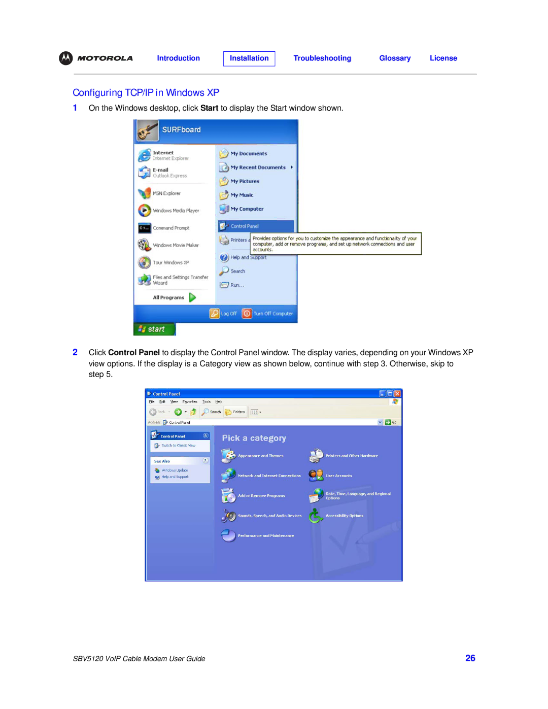 Motorola SBV5120 manual Configuring TCP/IP in Windows XP 