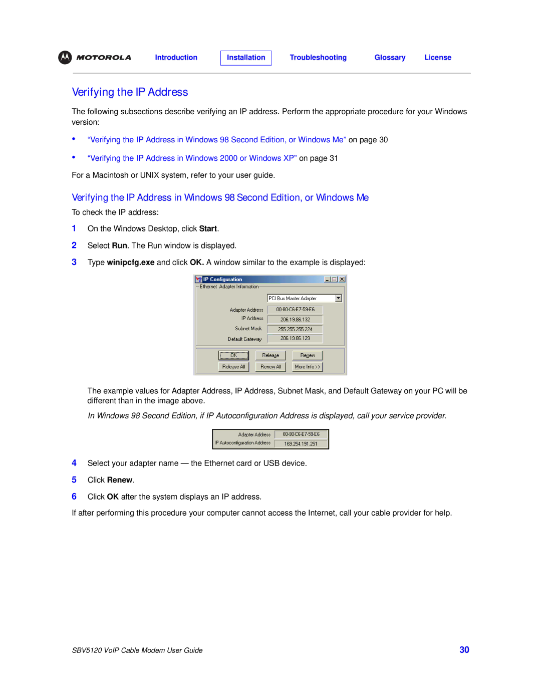 Motorola SBV5120 manual Verifying the IP Address 