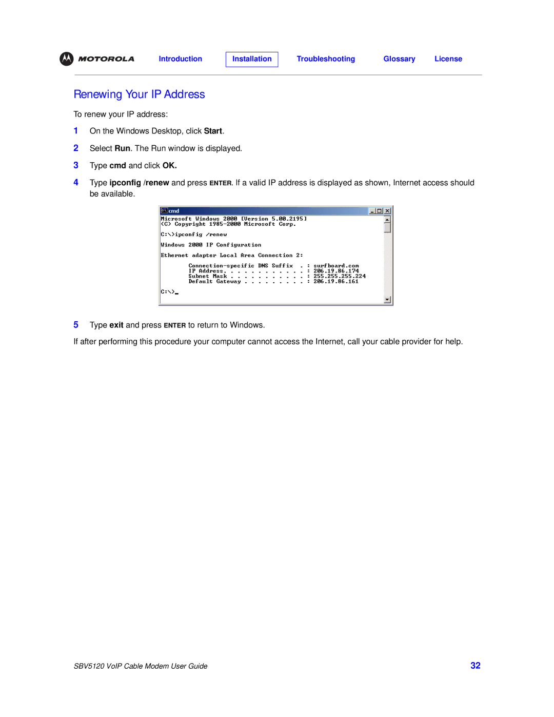 Motorola SBV5120 manual Renewing Your IP Address 