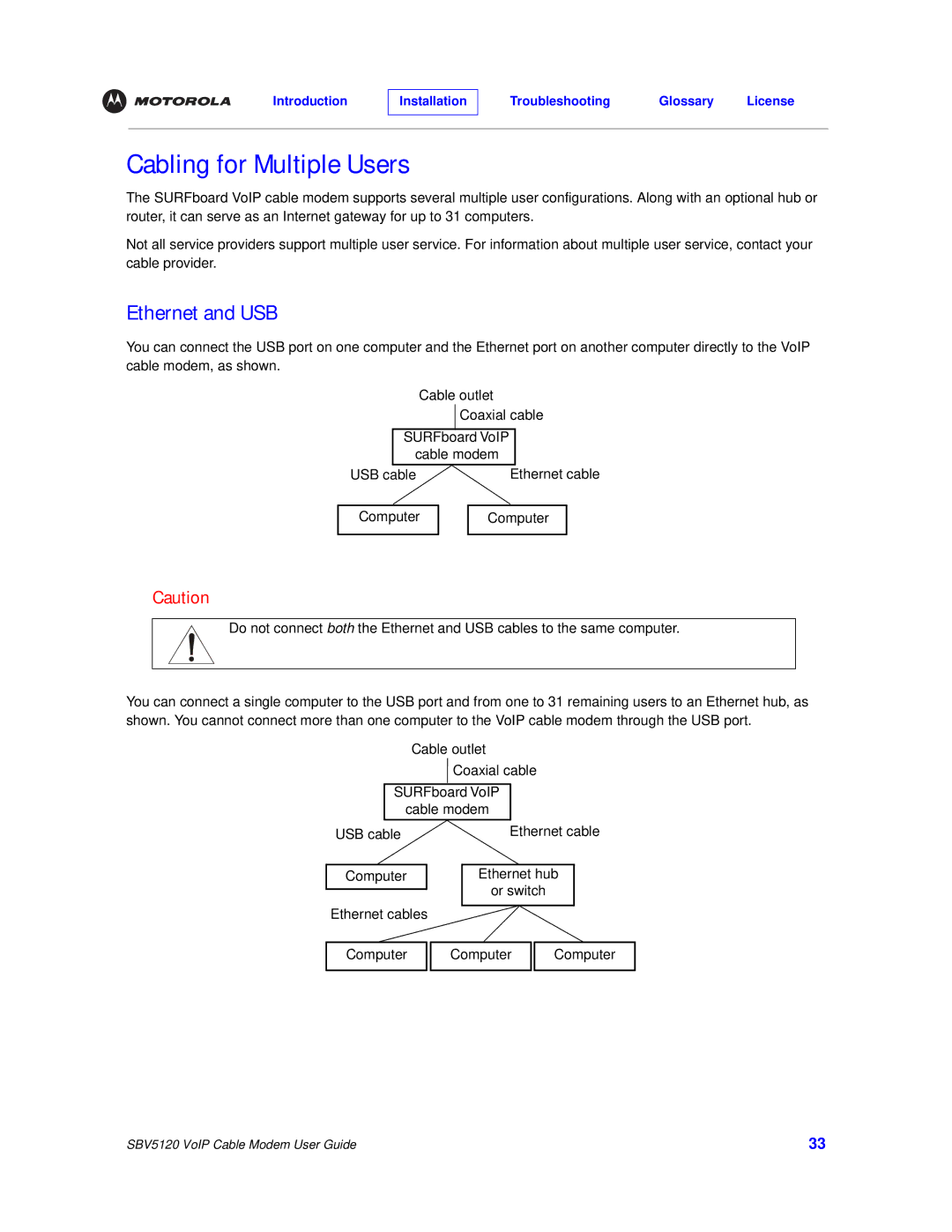 Motorola SBV5120 manual Cabling for Multiple Users, Ethernet and USB 