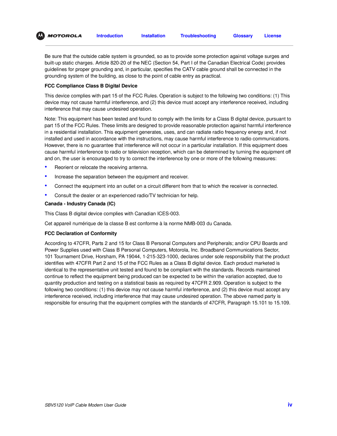 Motorola SBV5120 manual FCC Compliance Class B Digital Device, Canada Industry Canada IC, FCC Declaration of Conformity 