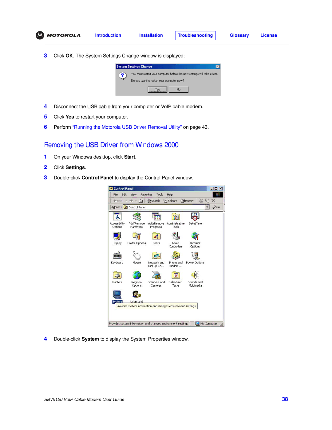 Motorola SBV5120 manual Removing the USB Driver from Windows, Click Settings 