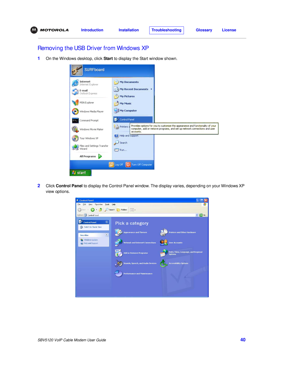 Motorola SBV5120 manual Removing the USB Driver from Windows XP 