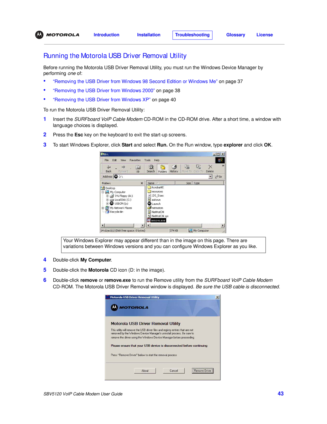 Motorola SBV5120 manual Installation Troubleshooting Glossary License 