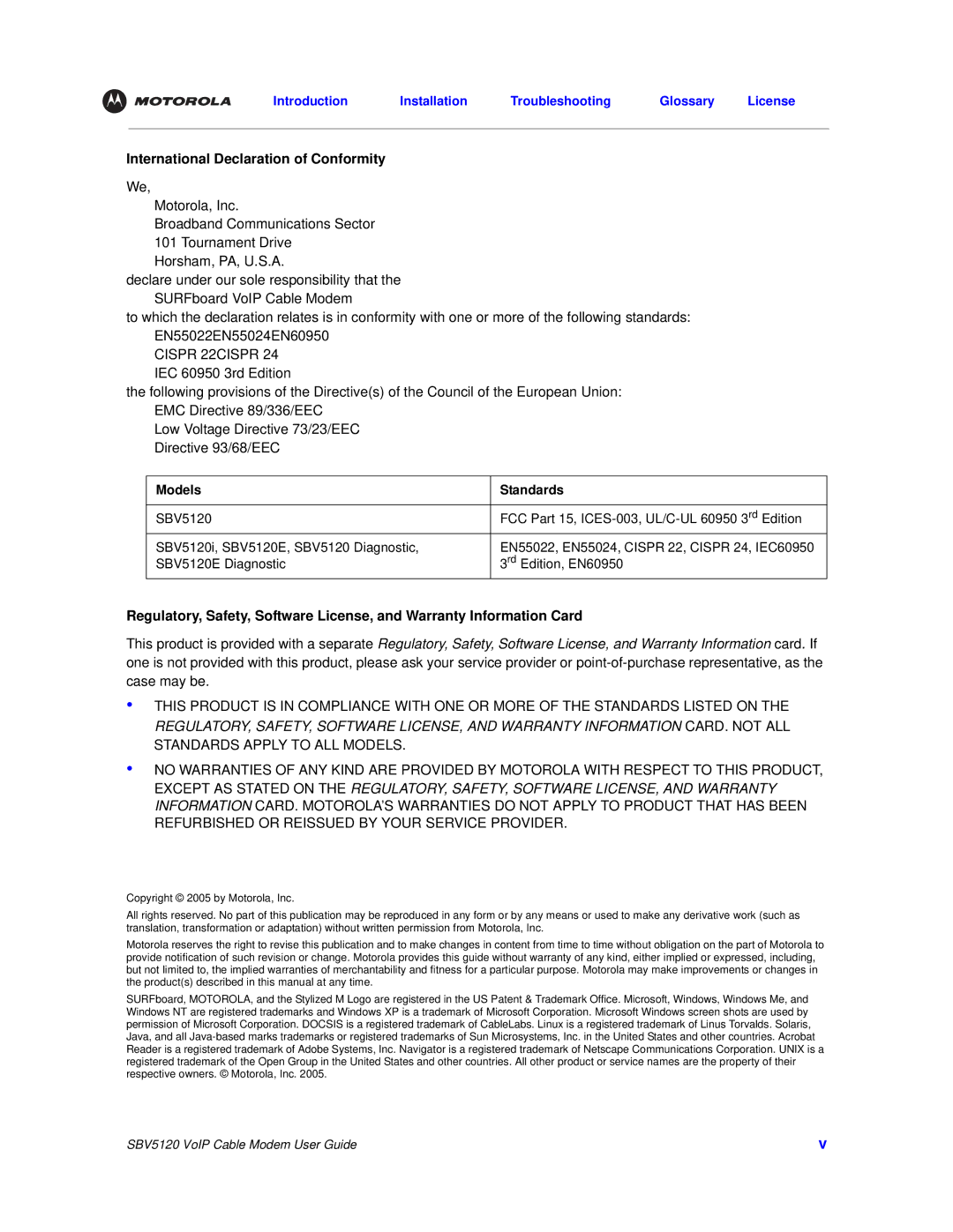 Motorola SBV5120 manual International Declaration of Conformity, Models Standards 