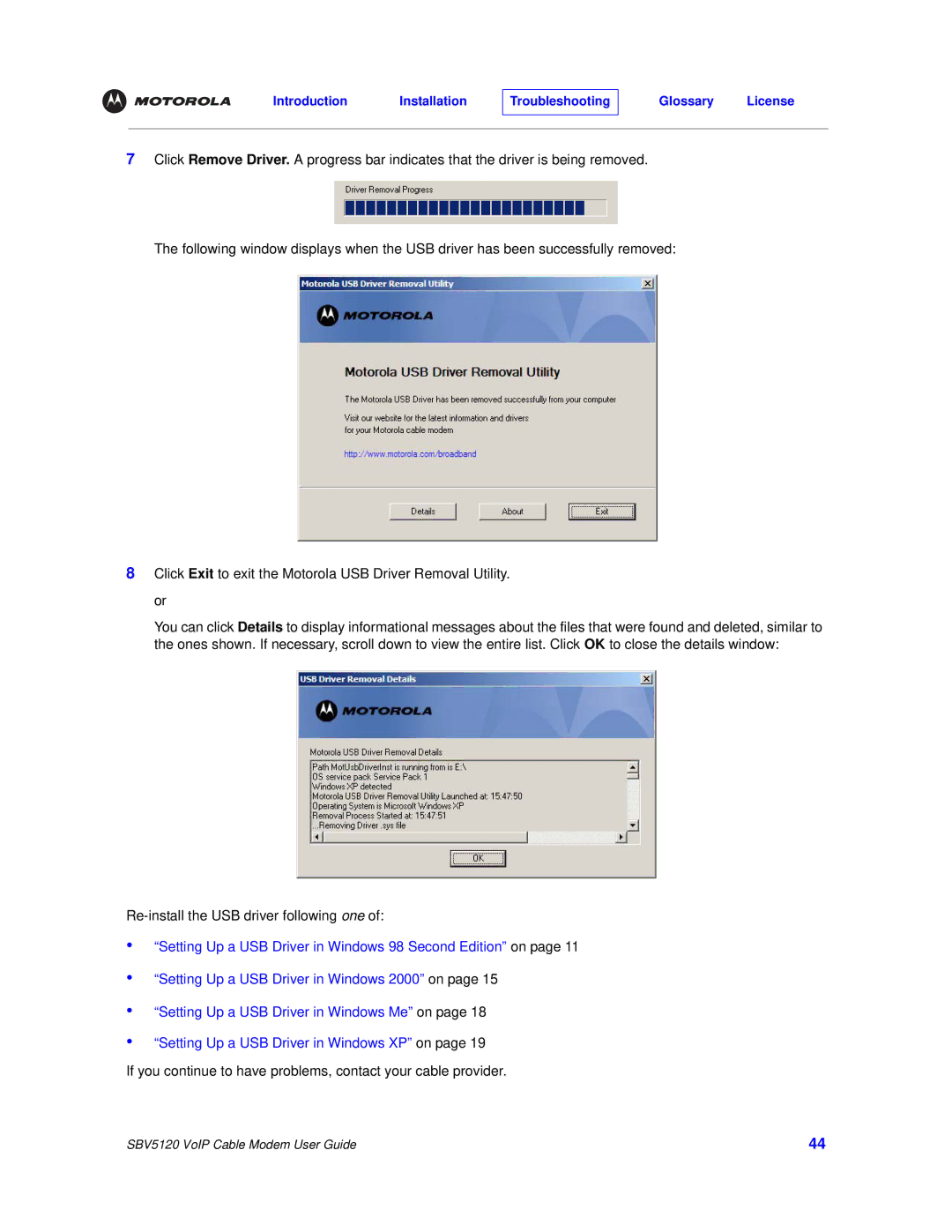 Motorola SBV5120 manual Re-install the USB driver following one 