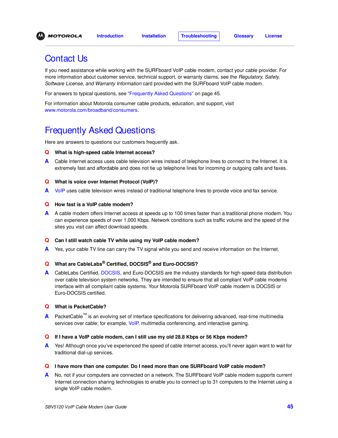 Motorola SBV5120 manual Contact Us, Frequently Asked Questions 