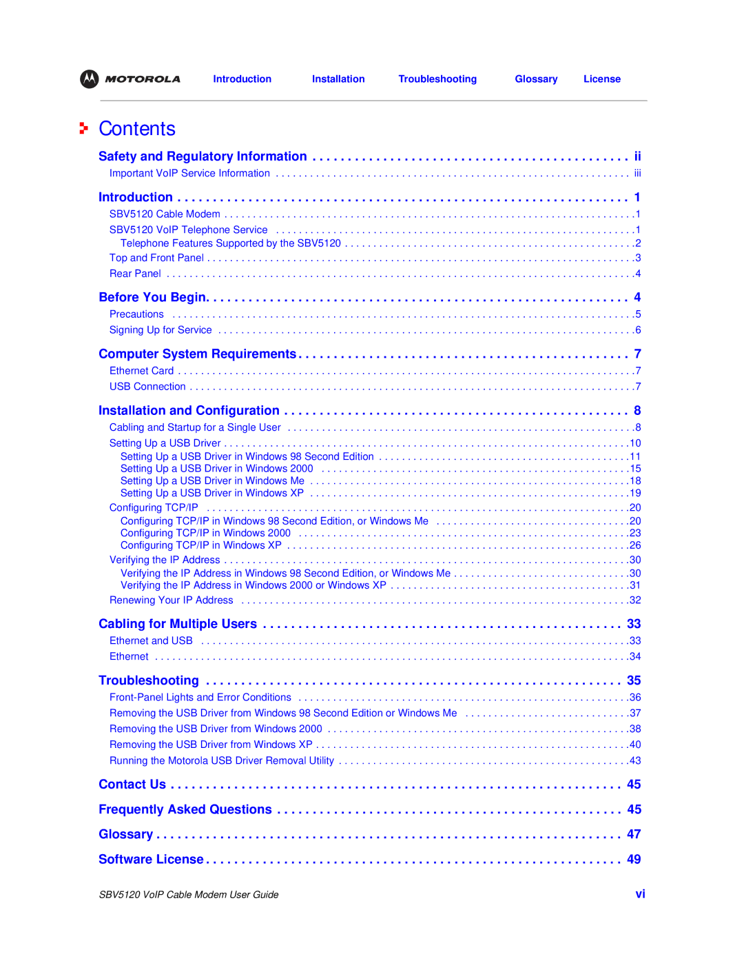 Motorola SBV5120 manual Contents 