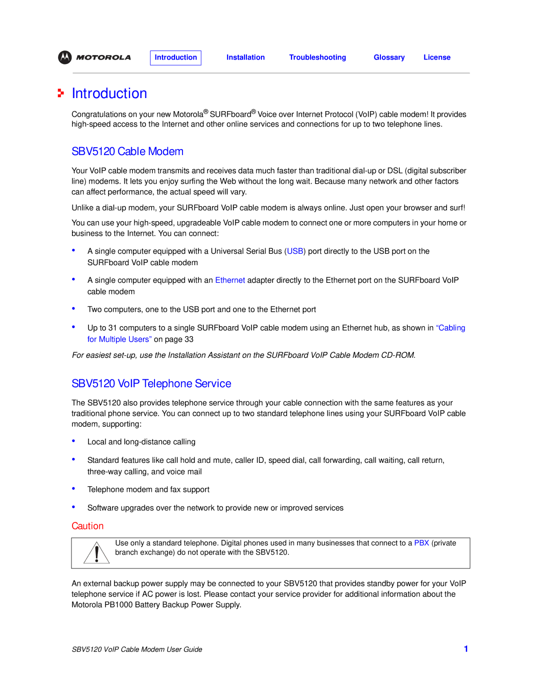 Motorola manual Introduction, SBV5120 Cable Modem, SBV5120 VoIP Telephone Service 