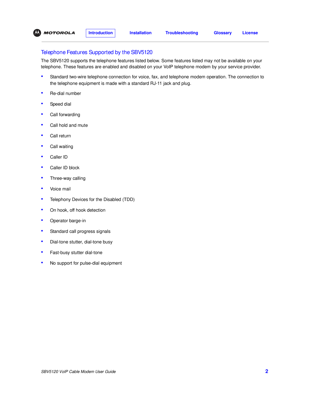 Motorola manual Telephone Features Supported by the SBV5120 