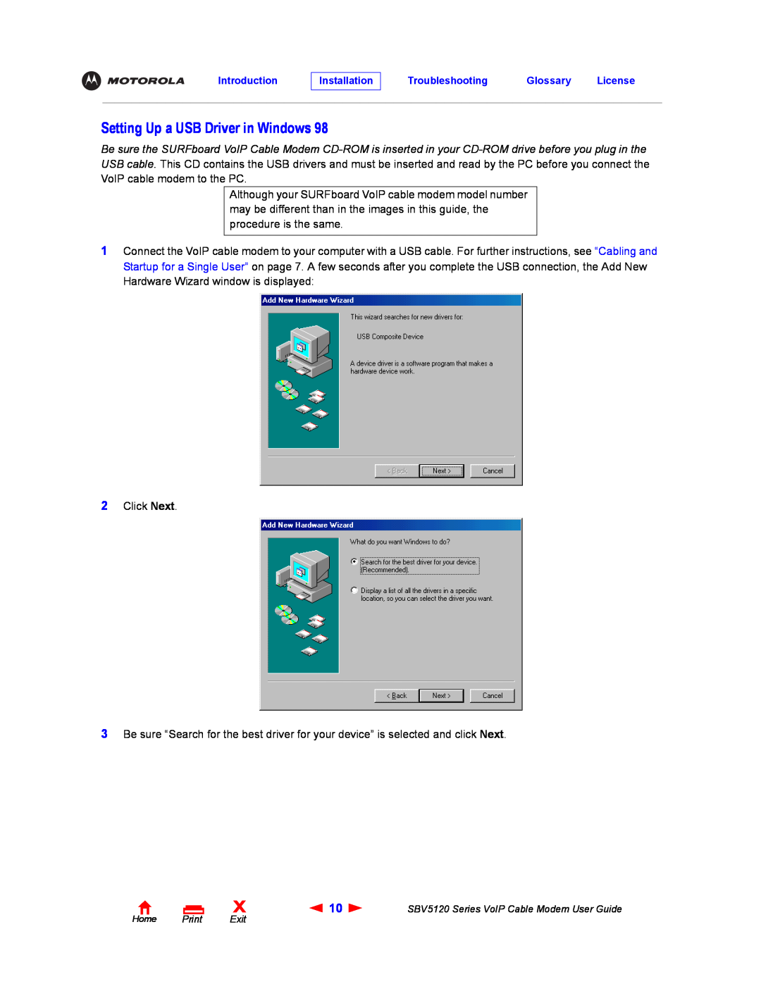Motorola SBV5120 manual Setting Up a USB Driver in Windows 