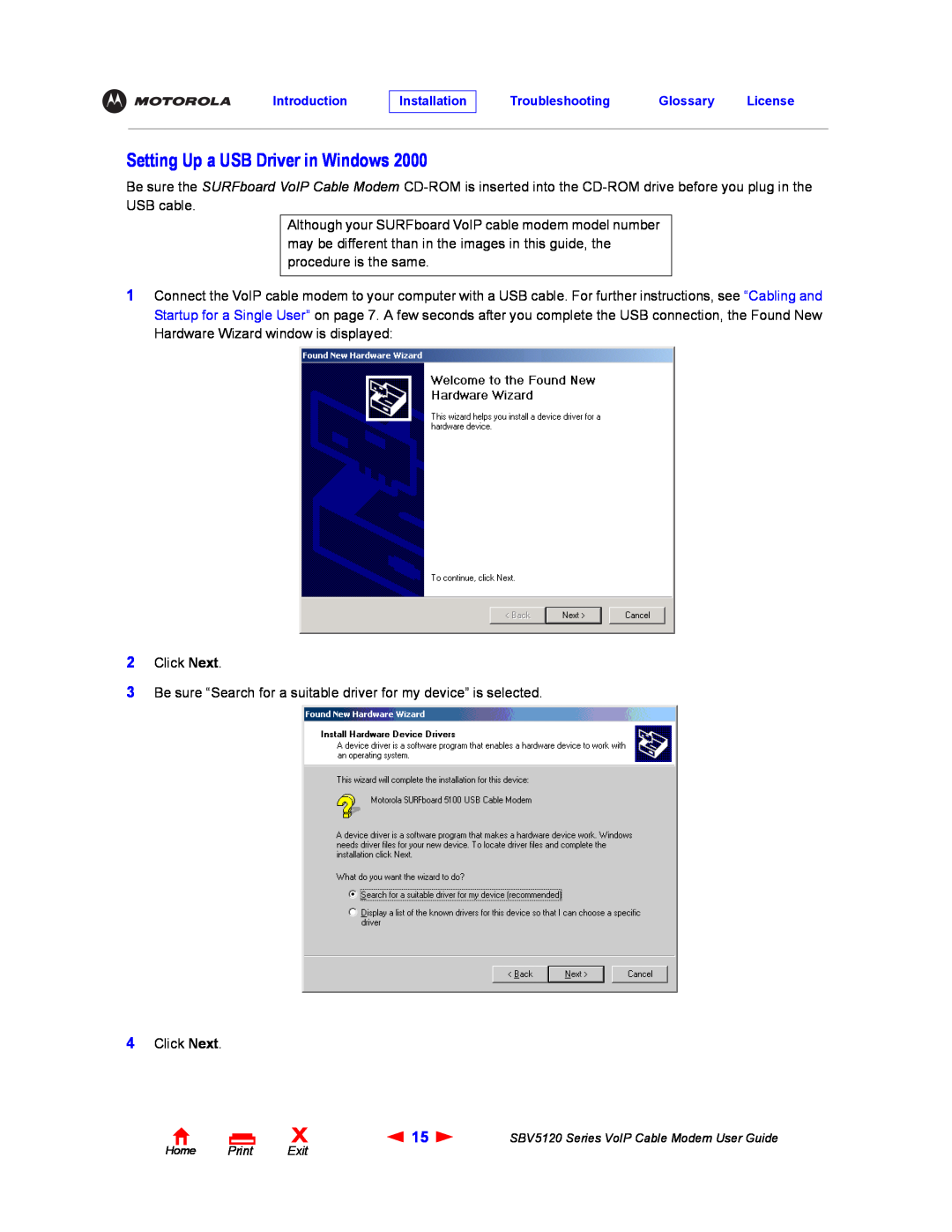 Motorola SBV5120 manual Setting Up a USB Driver in Windows 