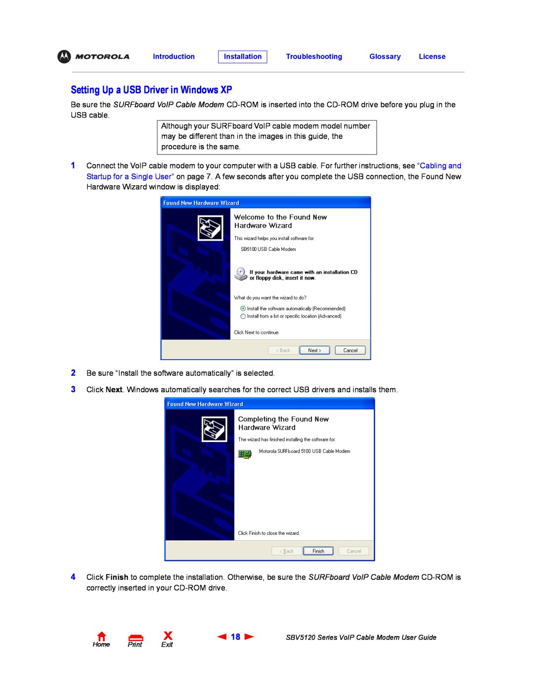 Motorola SBV5120 manual Setting Up a USB Driver in Windows XP 