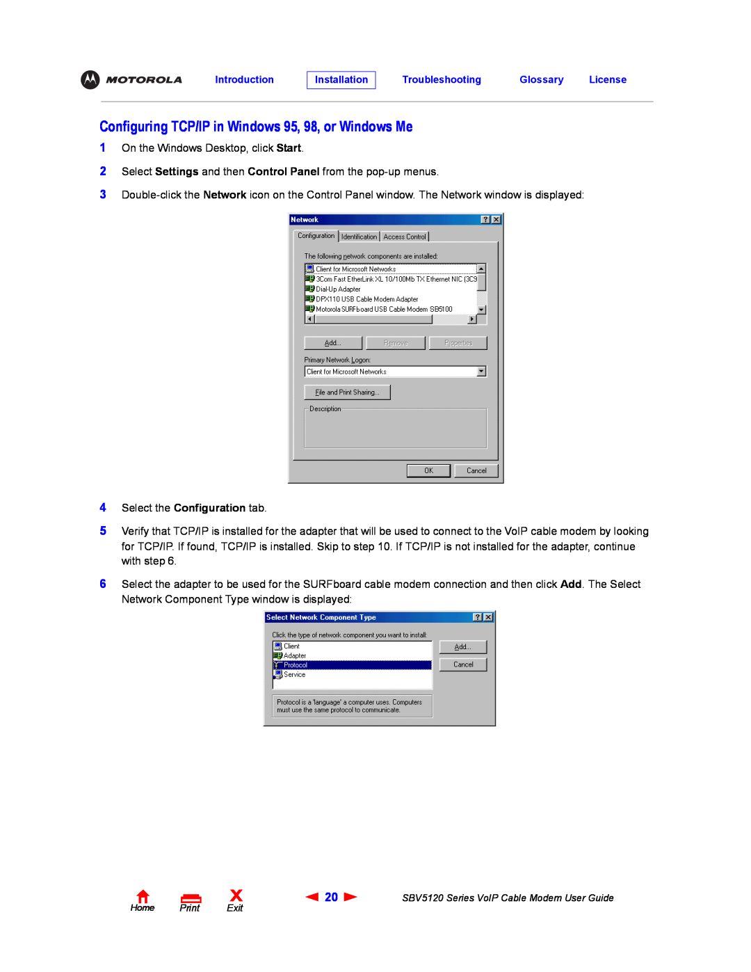 Motorola SBV5120 manual Configuring TCP/IP in Windows 95, 98, or Windows Me 