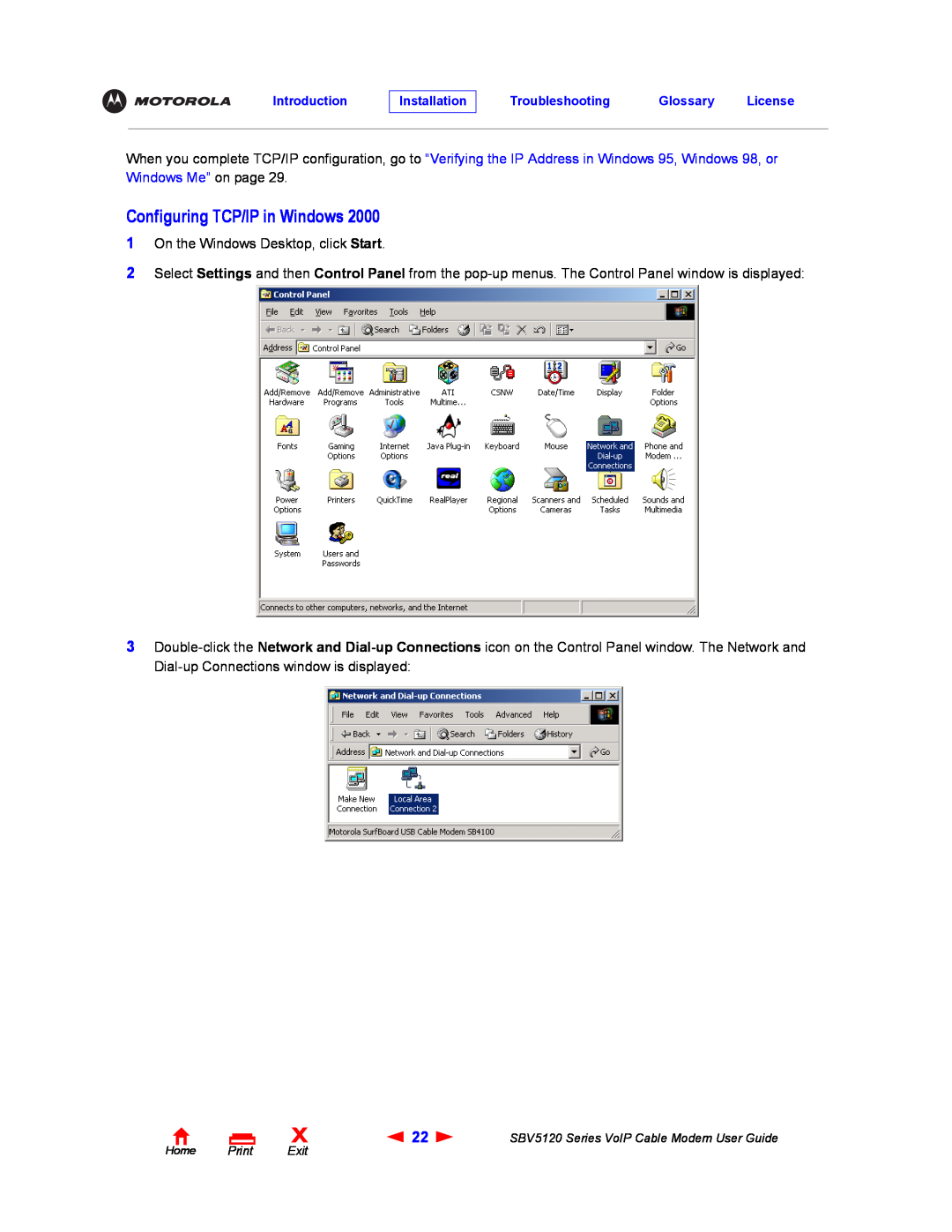 Motorola SBV5120 manual Configuring TCP/IP in Windows 