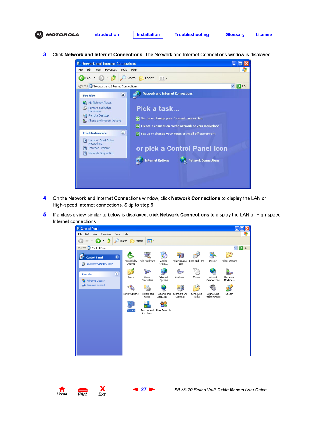 Motorola SBV5120 manual Click Network and Internet Connections. The Network and Internet Connections window is displayed 
