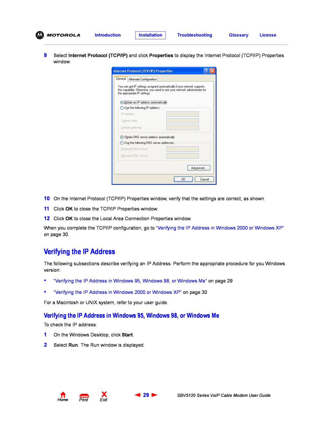 Motorola SBV5120 manual Verifying the IP Address in Windows 95, Windows 98, or Windows Me 