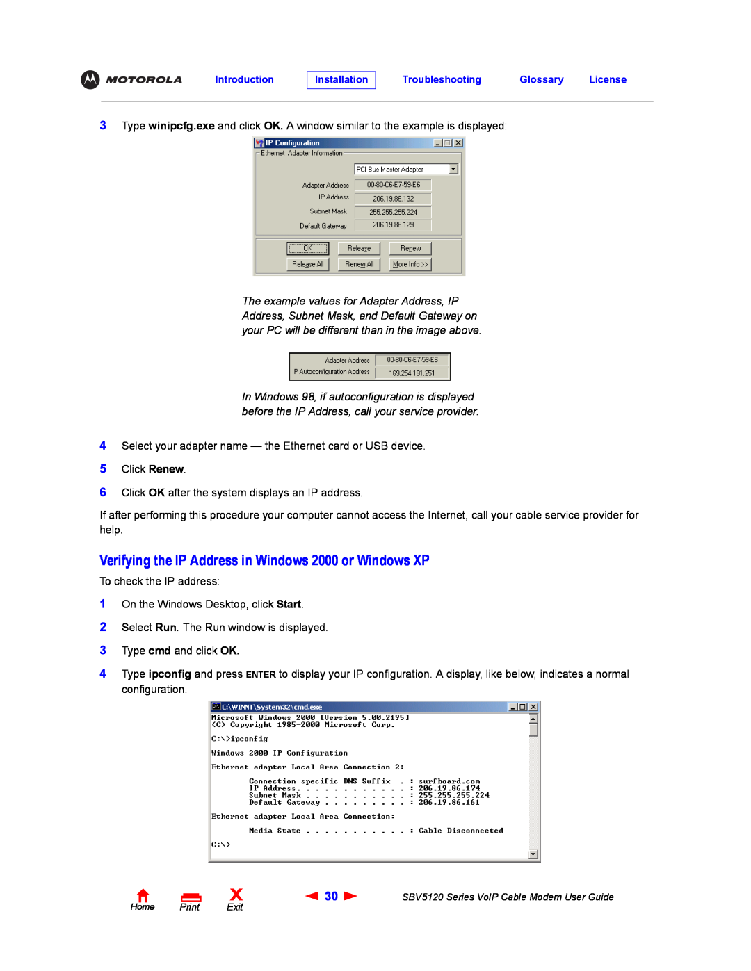 Motorola SBV5120 manual Verifying the IP Address in Windows 2000 or Windows XP 
