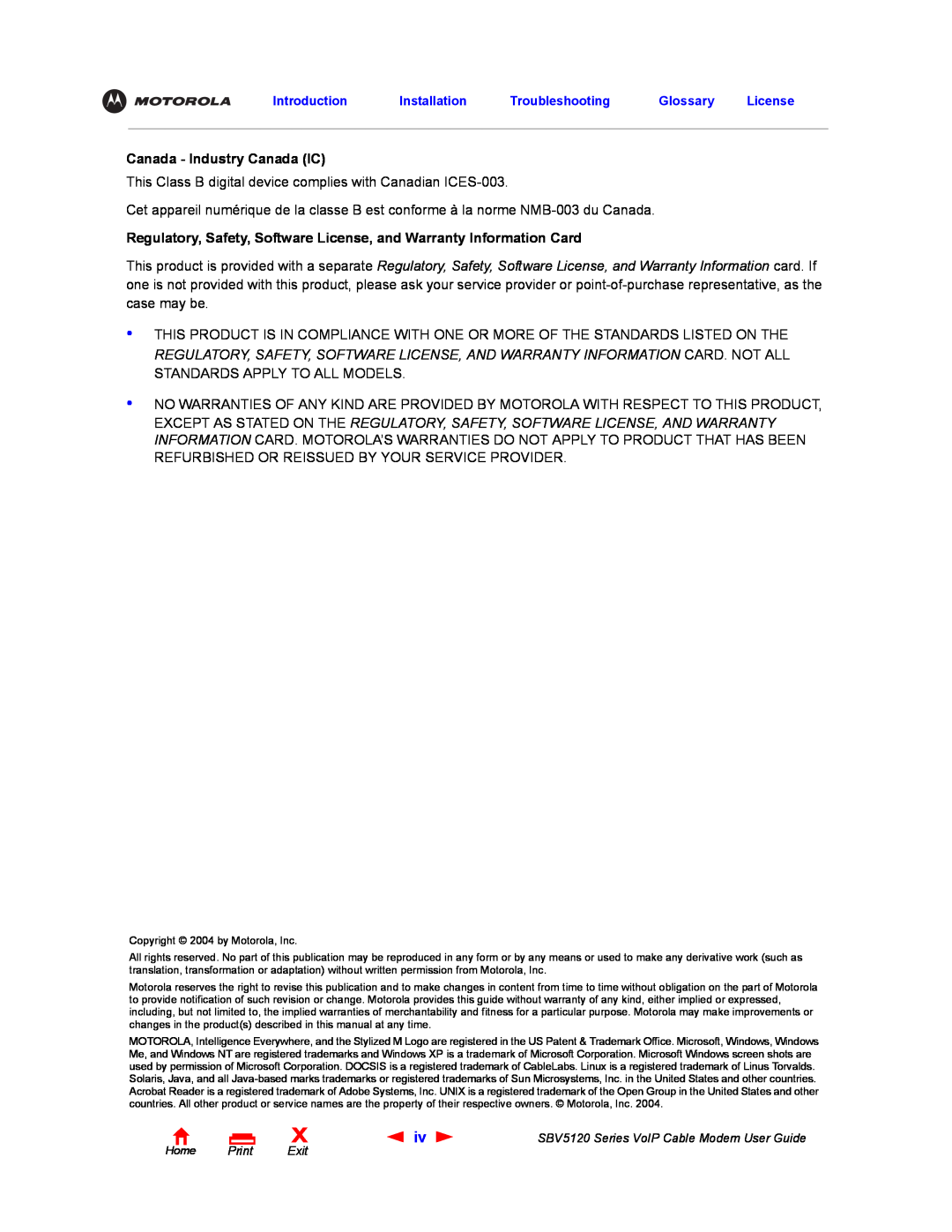 Motorola SBV5120 manual Canada - Industry Canada IC, Regulatory, Safety, Software License, and Warranty Information Card 
