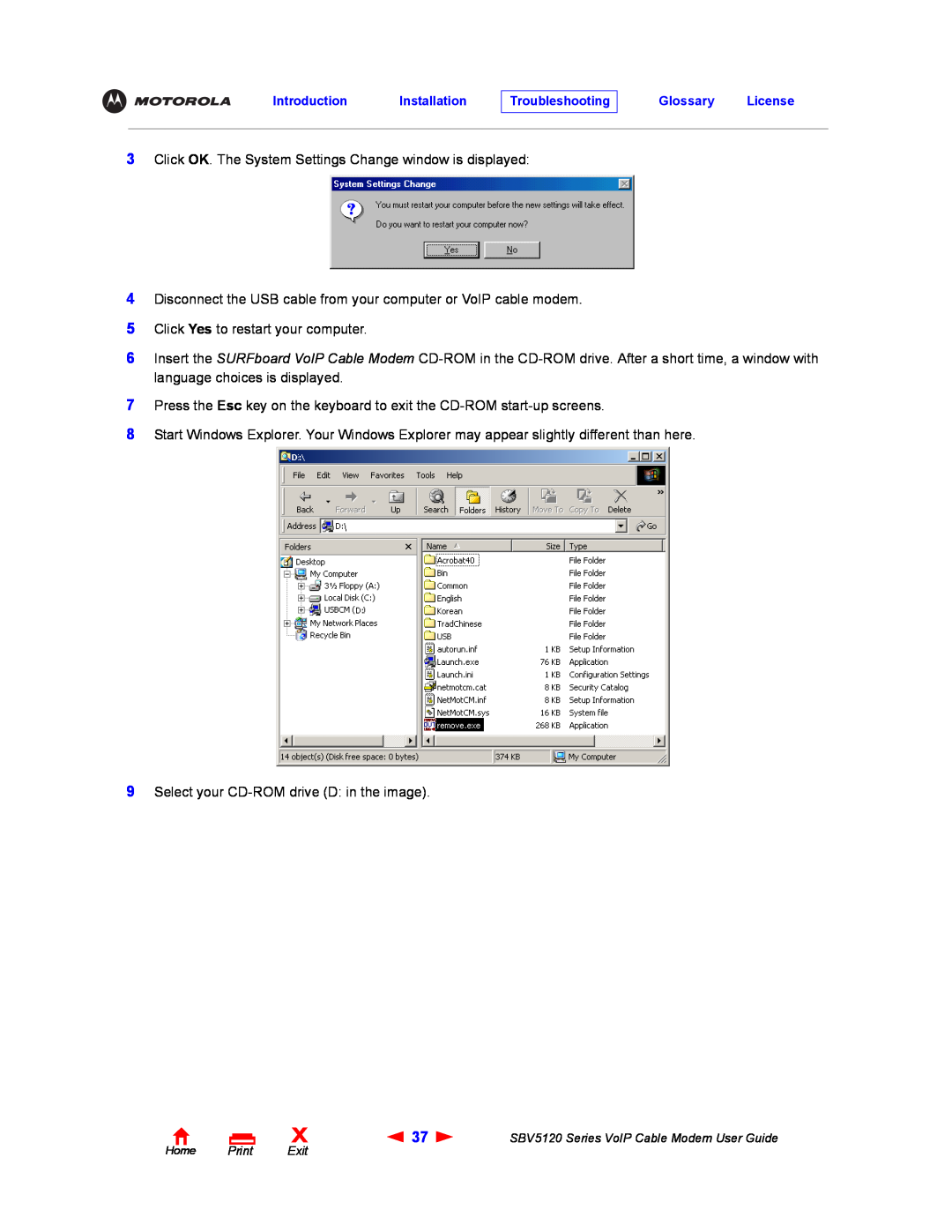 Motorola SBV5120 manual Click OK. The System Settings Change window is displayed 