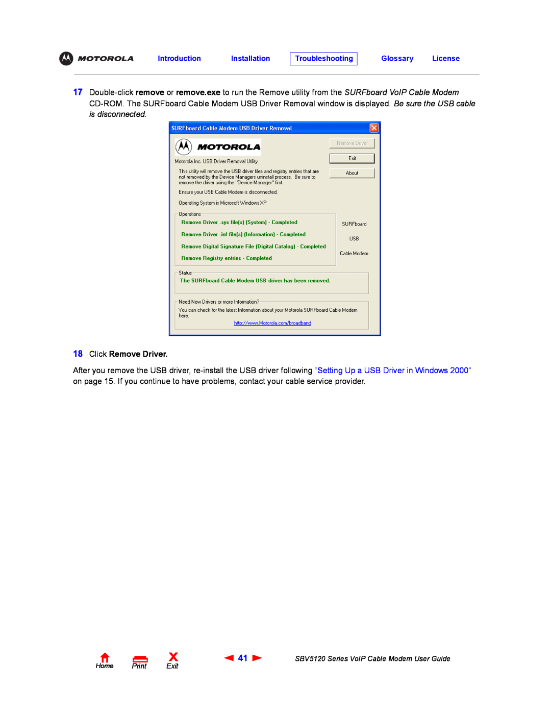 Motorola SBV5120 manual Click Remove Driver 