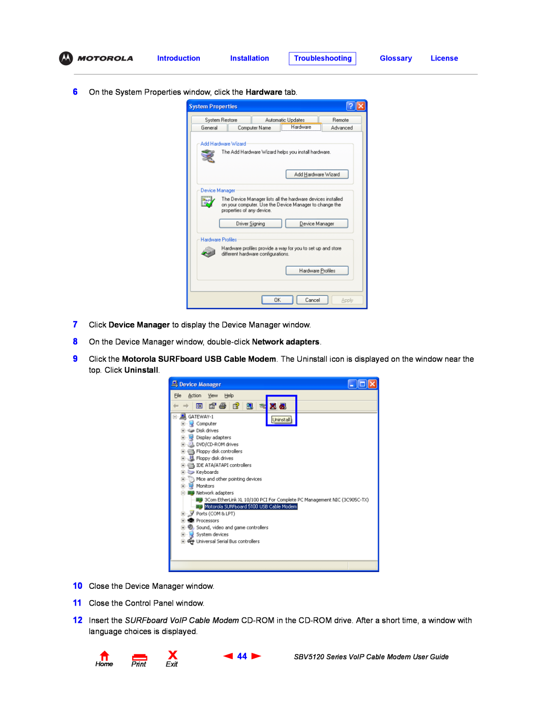 Motorola SBV5120 manual On the System Properties window, click the Hardware tab 