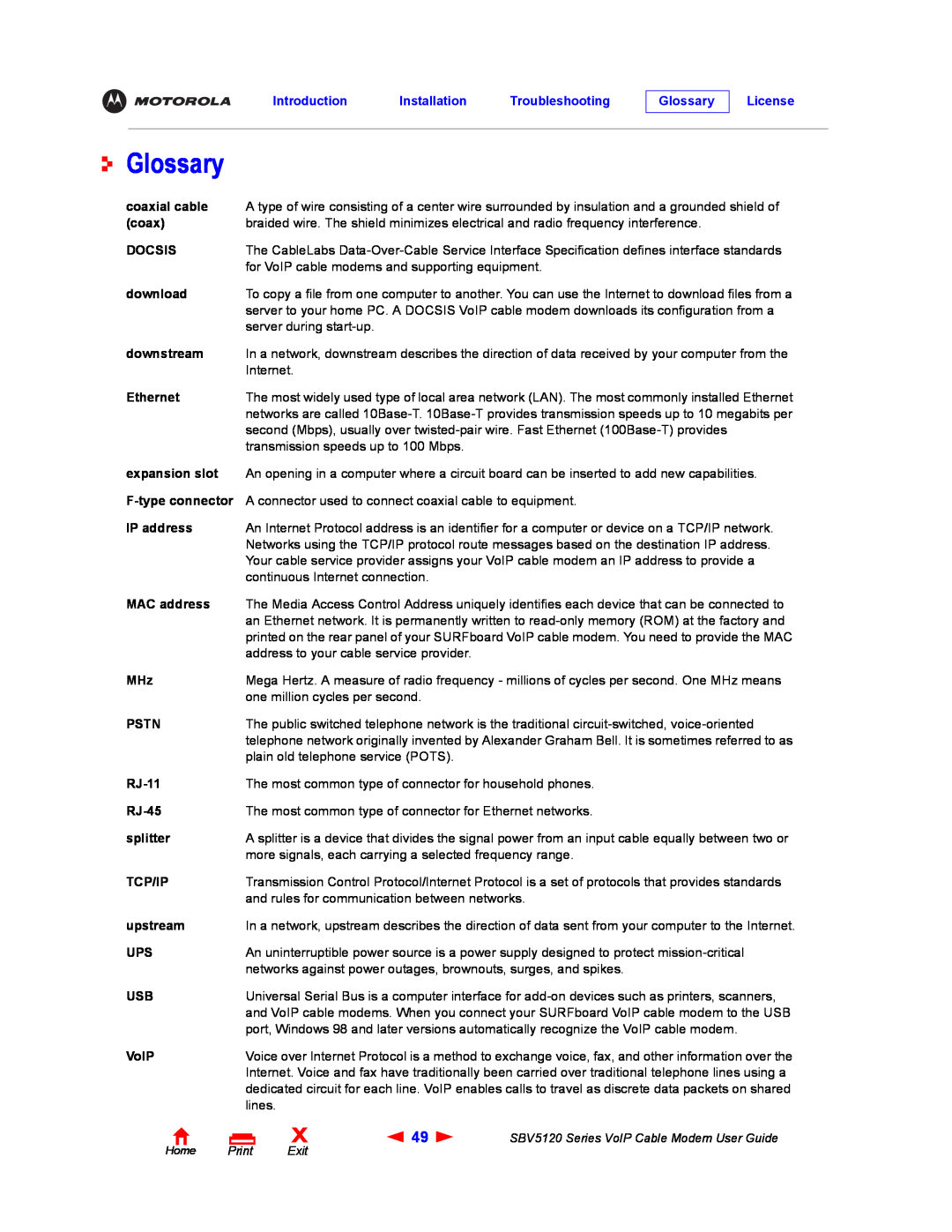 Motorola SBV5120 manual Glossary, Introduction Installation Troubleshooting, License 