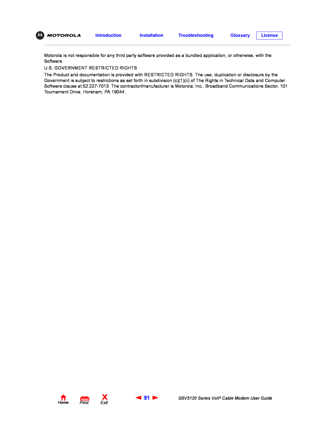 Motorola SBV5120 manual Introduction Installation Troubleshooting Glossary, License, U.S. Government Restricted Rights 