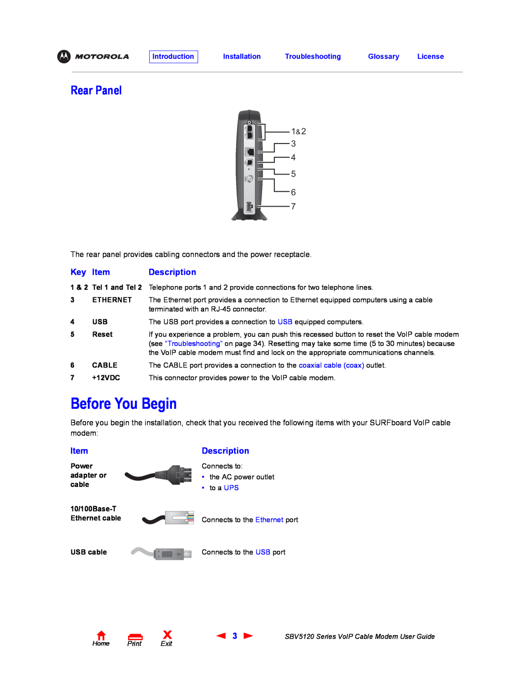 Motorola SBV5120 manual Before You Begin, Rear Panel, Key Item, Description, Introduction, 1 & 2 Tel 1 and Tel 